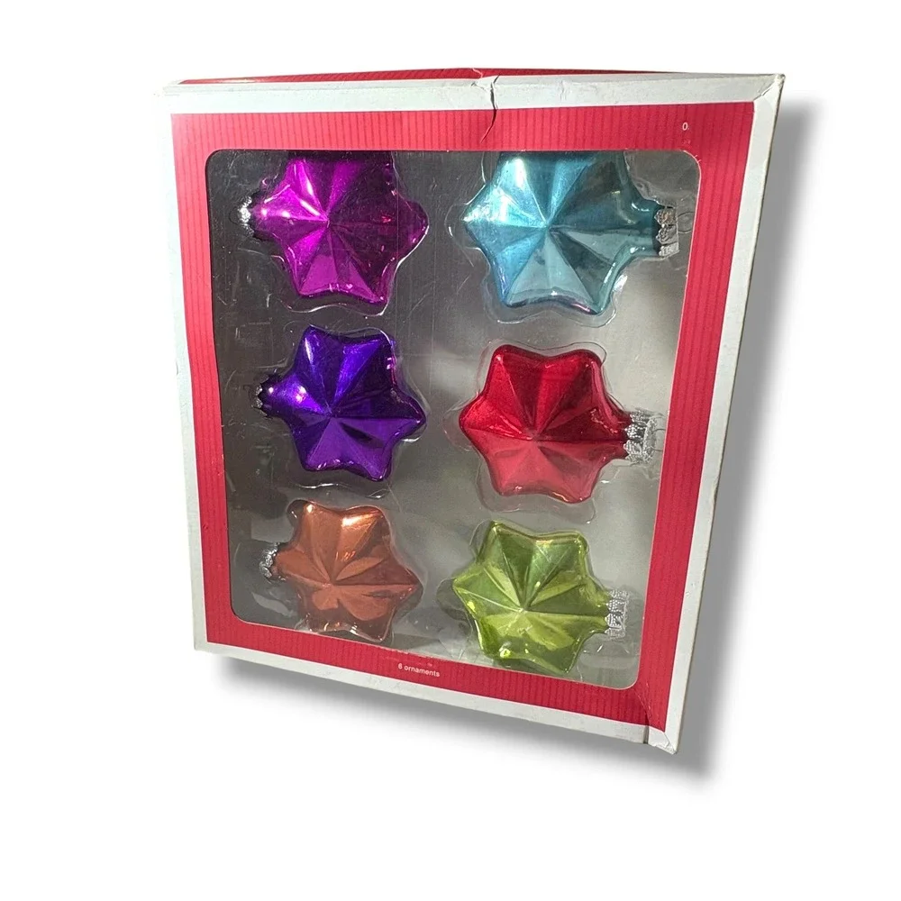 Set of 6 Multicolor Glass Star Christmas Ornaments Retro Jewel Tone Faceted 2.5